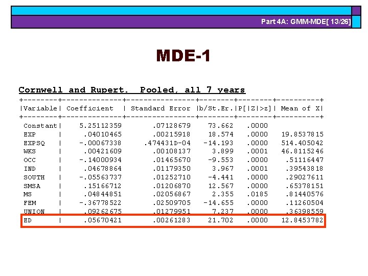 Part 4 A: GMM-MDE[ 13/26] MDE-1 Cornwell and Rupert. Pooled, all 7 years +--------------+--------+--------+-----+