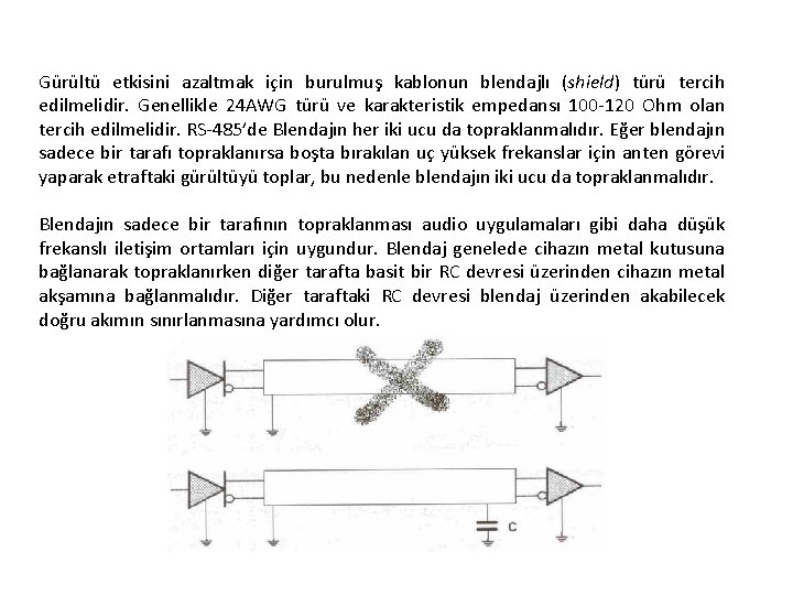 Gürültü etkisini azaltmak için burulmuş kablonun blendajlı (shield) türü tercih edilmelidir. Genellikle 24 AWG