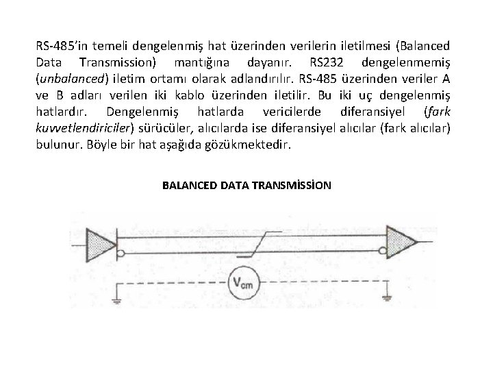 RS-485’in temeli dengelenmiş hat üzerinden verilerin iletilmesi (Balanced Data Transmission) mantığına dayanır. RS 232