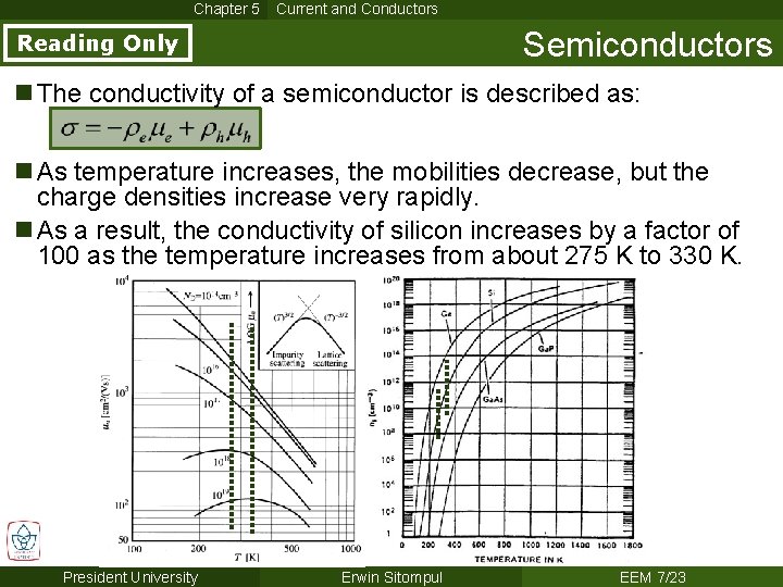 Chapter 5 Current and Conductors Semiconductors Reading Only n The conductivity of a semiconductor