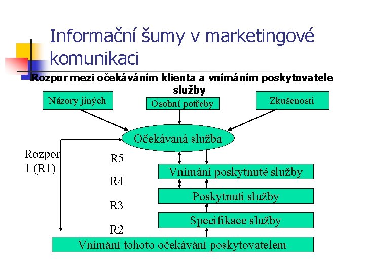 Informační šumy v marketingové komunikaci Rozpor mezi očekáváním klienta a vnímáním poskytovatele služby Názory