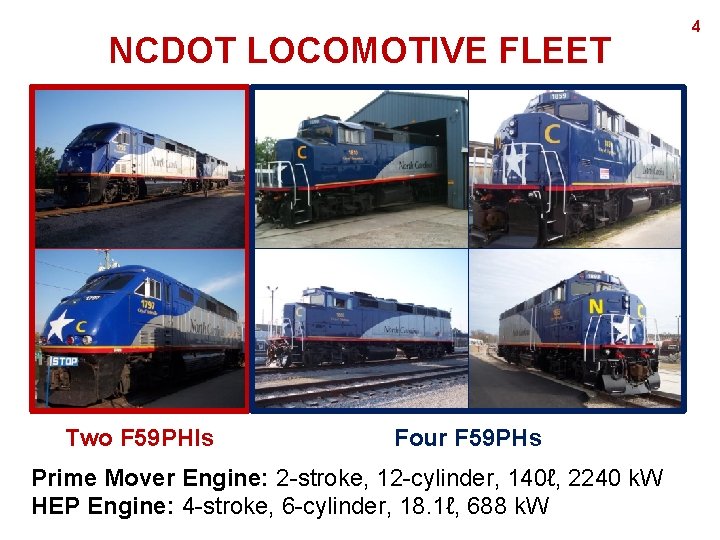 NCDOT LOCOMOTIVE FLEET Two F 59 PHIs Four F 59 PHs Prime Mover Engine:
