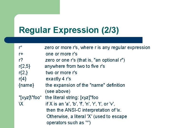 Regular Expression (2/3) r* r+ r? r{2, 5} r{2, } r{4} {name} zero or