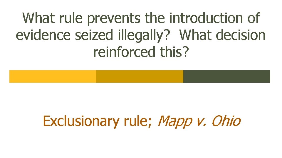 What rule prevents the introduction of evidence seized illegally? What decision reinforced this? Exclusionary