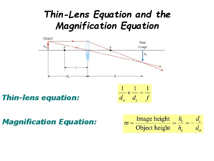 Thin-Lens Equation and the Magnification Equation Thin-lens equation: Magnification Equation: 