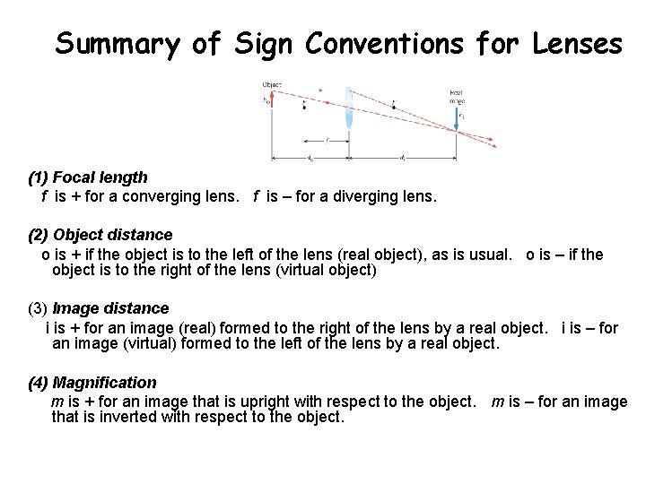 Summary of Sign Conventions for Lenses (1) Focal length f is + for a