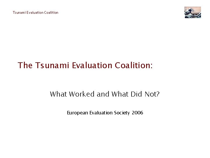 Tsunami Evaluation Coalition The Tsunami Evaluation Coalition: What Worked and What Did Not? European