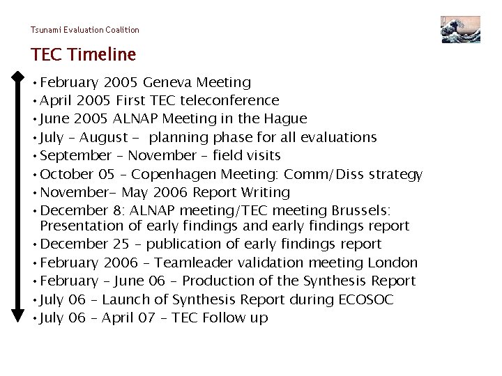Tsunami Evaluation Coalition TEC Timeline • February 2005 Geneva Meeting • April 2005 First