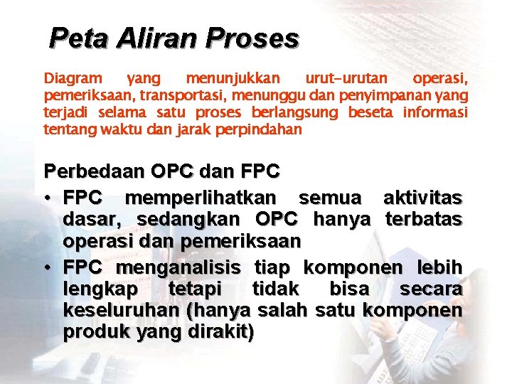 Peta Aliran Proses Diagram yang menunjukkan urut-urutan operasi, pemeriksaan, transportasi, menunggu dan penyimpanan yang