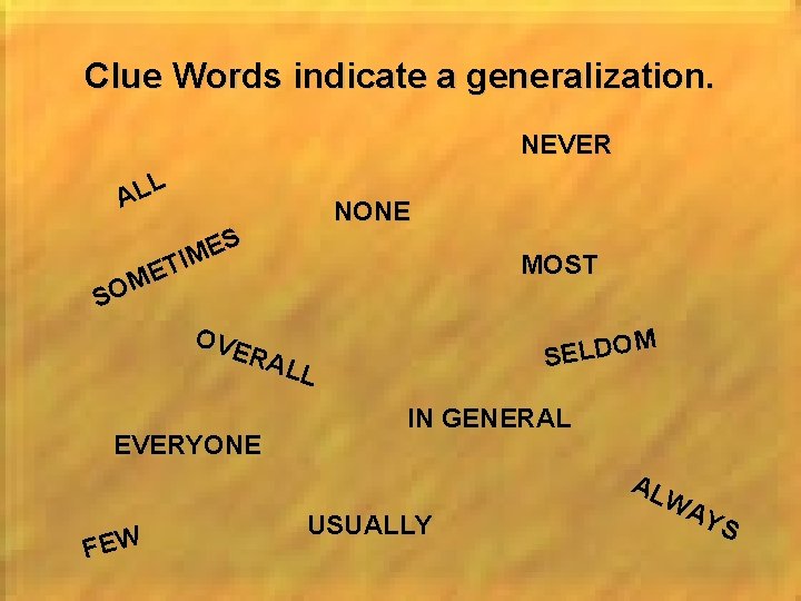 Clue Words indicate a generalization. NEVER L AL S E M TI E M