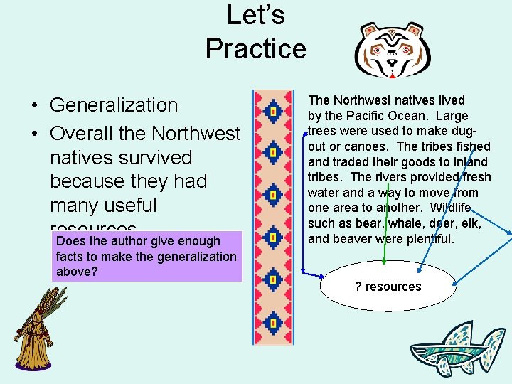 Let’s Practice • Generalization • Overall the Northwest natives survived because they had many