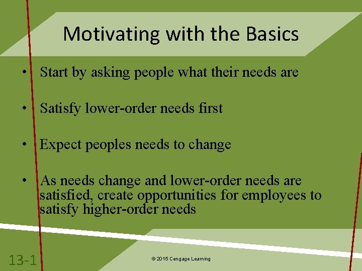 Motivating with the Basics • Start by asking people what their needs are •