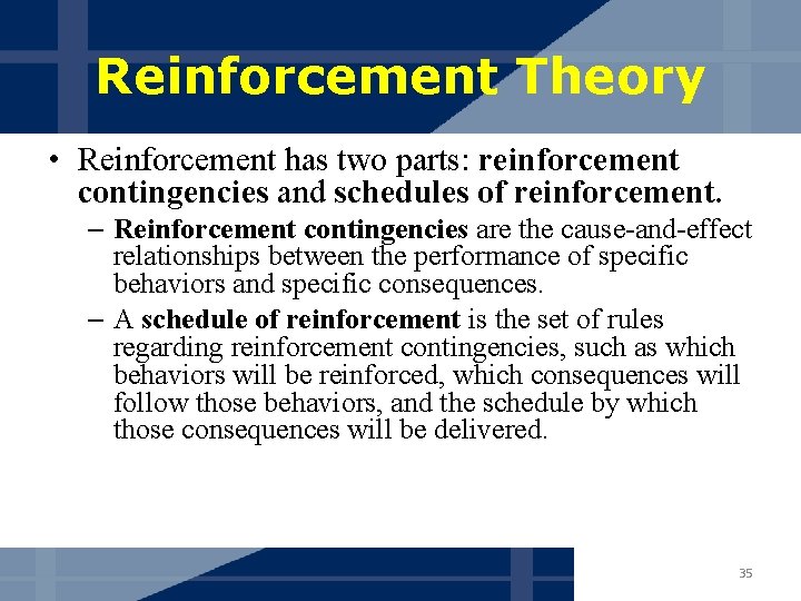 Reinforcement Theory • Reinforcement has two parts: reinforcement contingencies and schedules of reinforcement. –