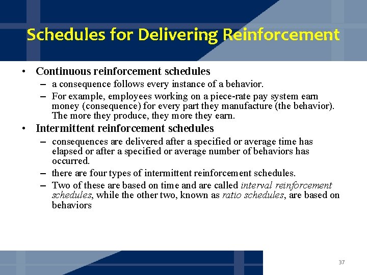 Schedules for Delivering Reinforcement • Continuous reinforcement schedules – a consequence follows every instance