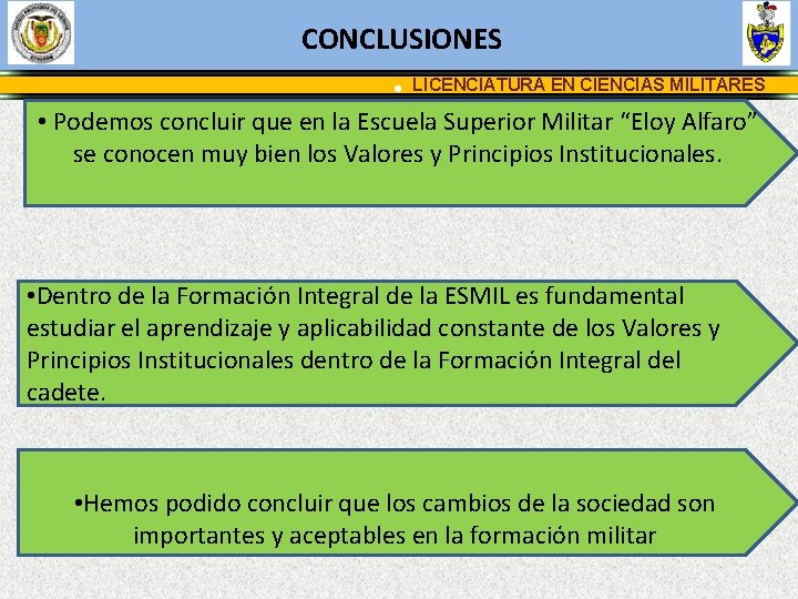 CONCLUSIONES • LICENCIATURA EN CIENCIAS MILITARES • Podemos concluir que en la Escuela Superior