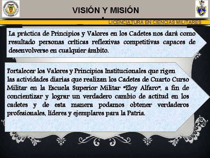 VISIÓN Y MISIÓN • LICENCIATURA EN CIENCIAS MILITARES La práctica de Principios y Valores