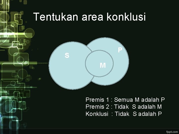 Tentukan area konklusi P S M Premis 1 : Semua M adalah P Premis Tentukan area konklusi P S M Premis 1 : Semua M adalah P Premis