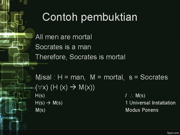 Contoh pembuktian All men are mortal Socrates is a man Therefore, Socrates is mortal Contoh pembuktian All men are mortal Socrates is a man Therefore, Socrates is mortal