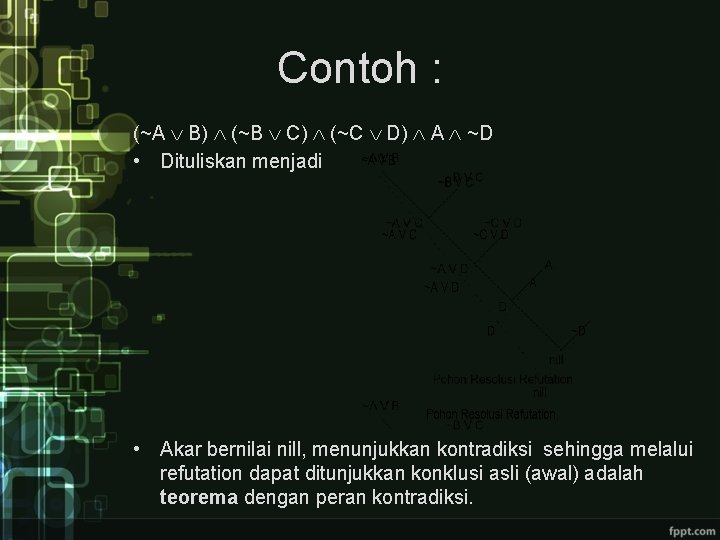 Contoh : (~A B) (~B C) (~C D) A ~D • Dituliskan menjadi •