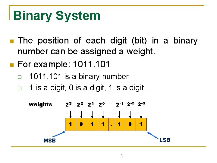 Binary System n n The position of each digit (bit) in a binary number