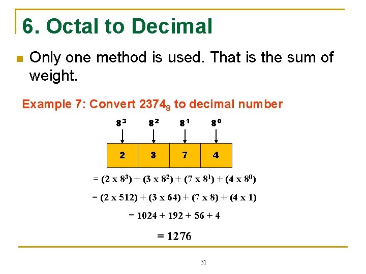 6. Octal to Decimal n Only one method is used. That is the sum