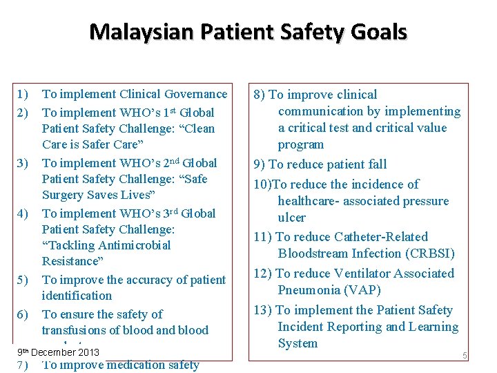 Malaysian Patient Safety Goals 1) 2) To implement Clinical Governance To implement WHO’s 1