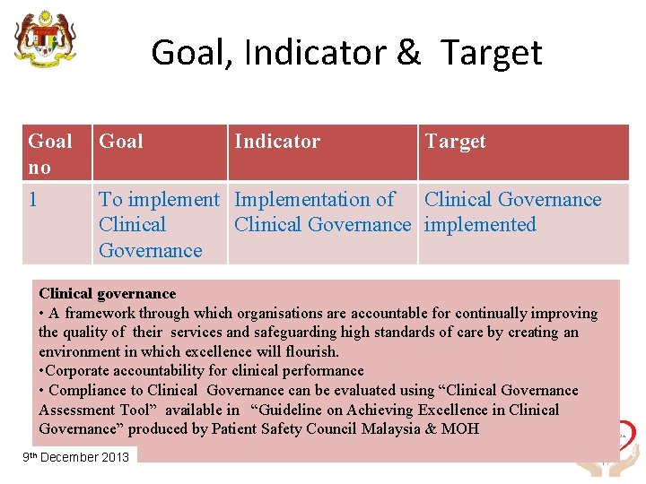 Goal, Indicator & Target Goal no Goal Indicator Target 1 To implement Implementation of
