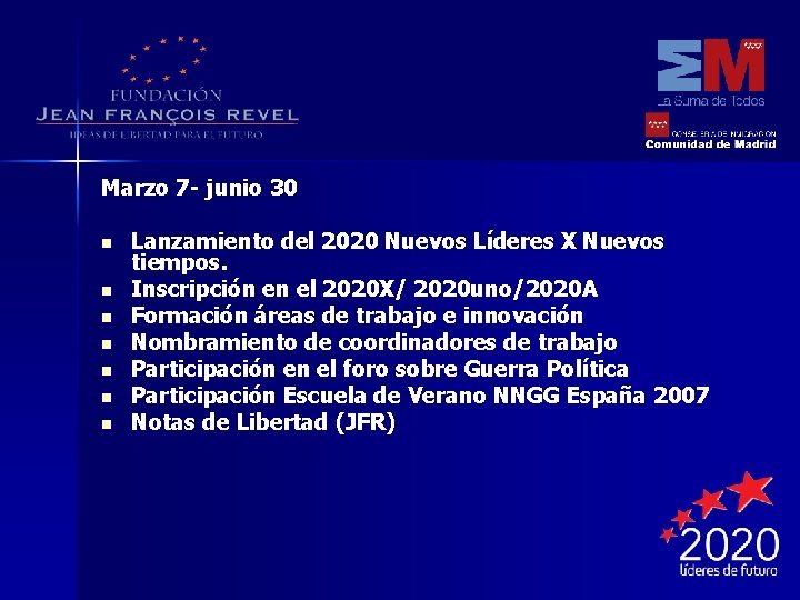 Marzo 7 - junio 30 n n n n Lanzamiento del 2020 Nuevos Líderes