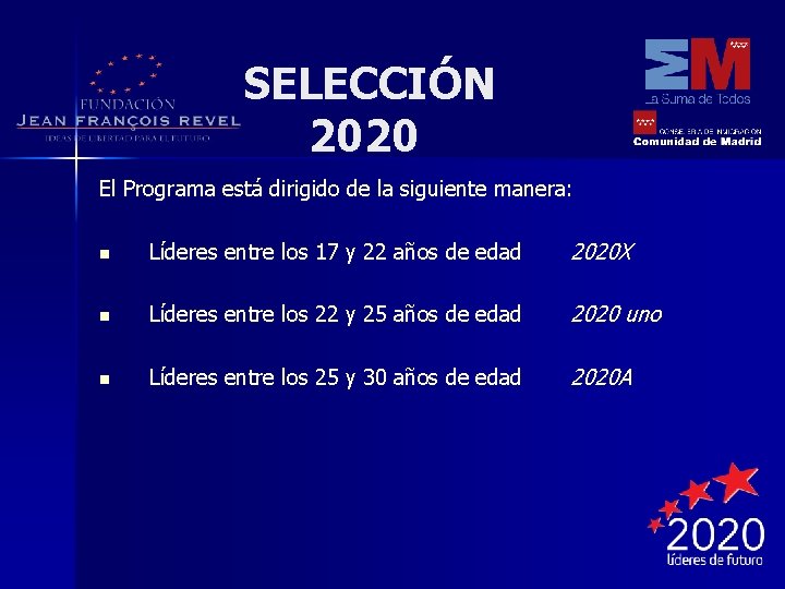 SELECCIÓN 2020 El Programa está dirigido de la siguiente manera: n Líderes entre los