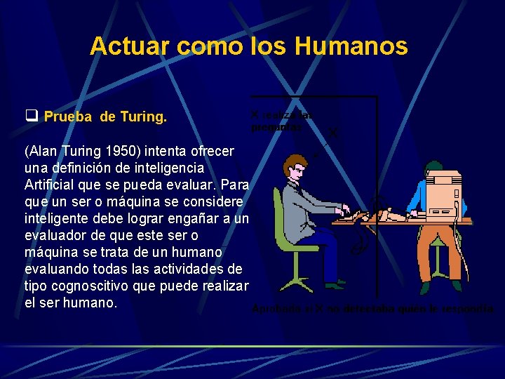 Actuar como los Humanos q Prueba de Turing. (Alan Turing 1950) intenta ofrecer una Actuar como los Humanos q Prueba de Turing. (Alan Turing 1950) intenta ofrecer una