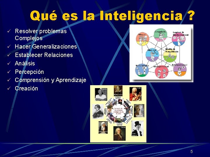 Qué es la Inteligencia ? ü Resolver problemas ü ü ü Complejos Hacer Generalizaciones Qué es la Inteligencia ? ü Resolver problemas ü ü ü Complejos Hacer Generalizaciones