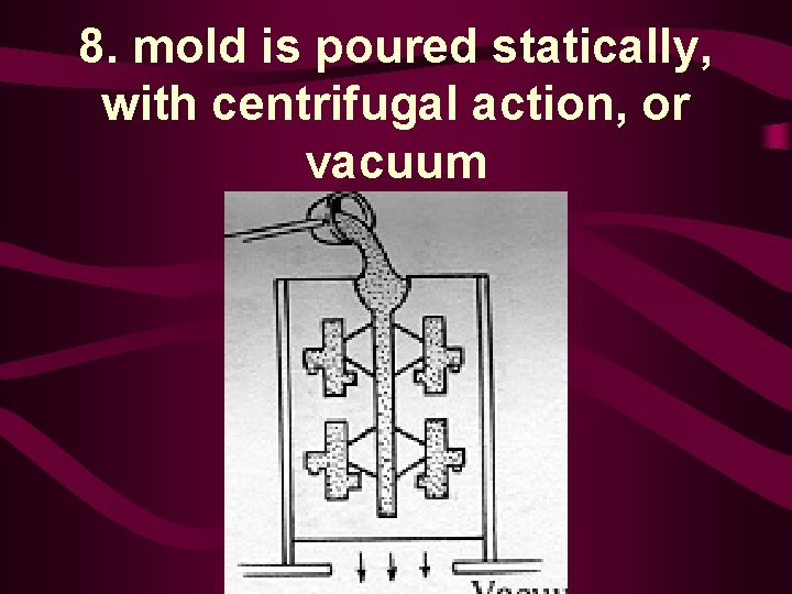 8. mold is poured statically, with centrifugal action, or vacuum 