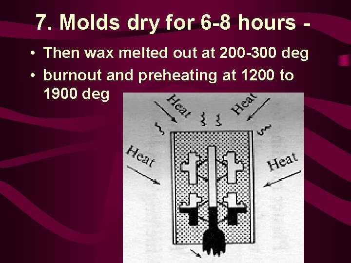 7. Molds dry for 6 -8 hours • Then wax melted out at 200