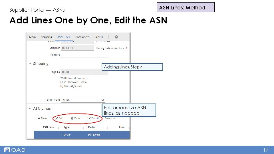 Supplier Portal — ASNs ASN Lines: Method 1 Add Lines One by One, Edit