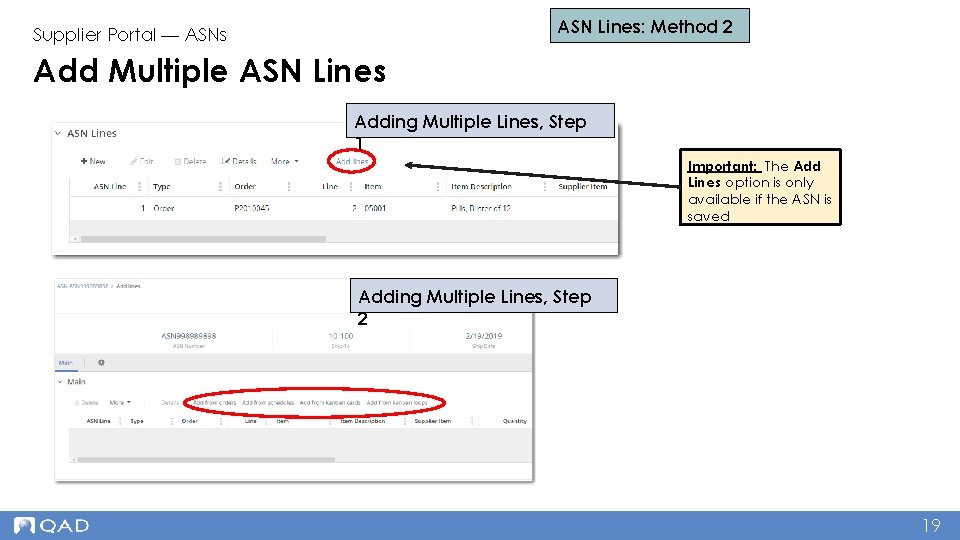 ASN Lines: Method 2 Supplier Portal — ASNs Add Multiple ASN Lines Adding Multiple