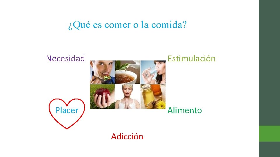 ¿Qué es comer o la comida? Estimulación Necesidad Alimento Placer Adicción 