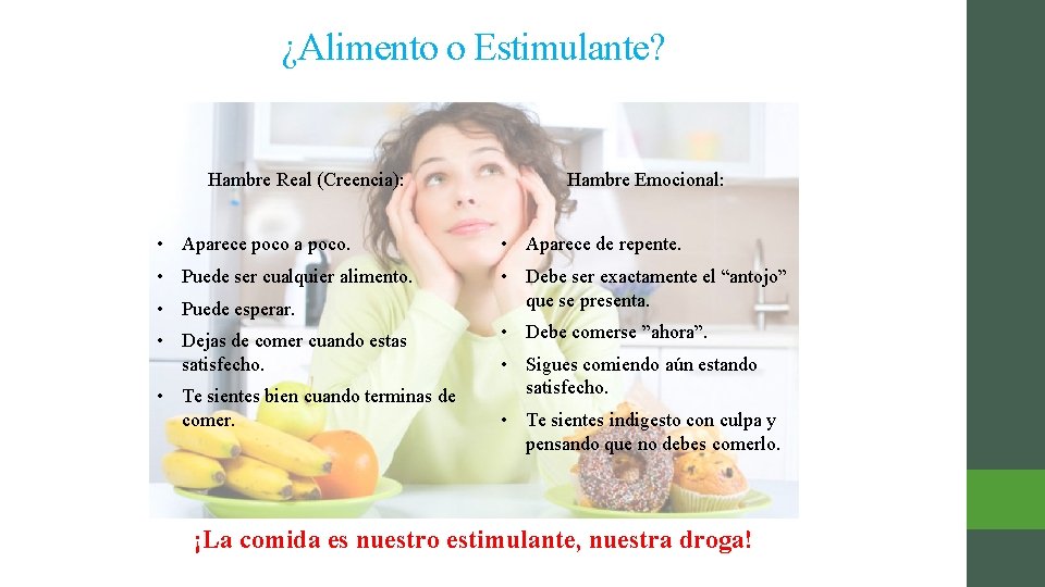 ¿Alimento o Estimulante? Hambre Real (Creencia): Hambre Emocional: • Aparece poco a poco. •