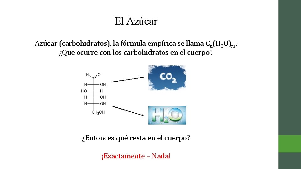 El Azúcar (carbohidratos), la fórmula empírica se llama Cn(H 2 O)m. ¿Que ocurre con