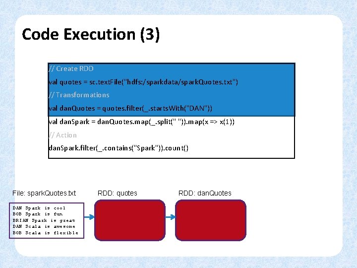 Code Execution (3) // Create RDD val quotes = sc. text. File("hdfs: /sparkdata/spark. Quotes.