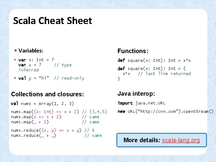 Scala Cheat Sheet § Variables: Functions: § var x: Int = 7 var x