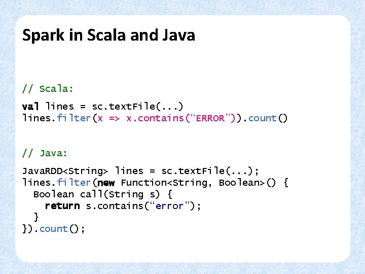 Spark in Scala and Java // Scala: val lines = sc. text. File(. .