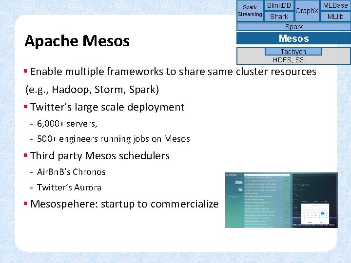 Spark Streaming Apache Mesos Blink. DB Shark Graph. X Spark Mesos Tachyon HDFS, S