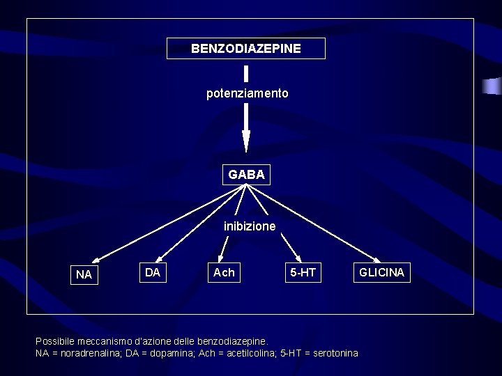 BENZODIAZEPINE potenziamento GABA inibizione NA DA Ach 5 -HT Possibile meccanismo d’azione delle benzodiazepine.