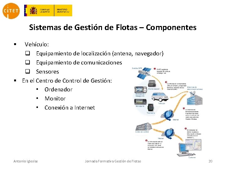 Sistemas de Gestión de Flotas – Componentes § Vehículo: q Equipamiento de localización (antena,