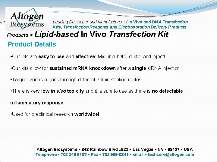 Leading Developer and Manufacturer of In Vivo and DNA Transfection Kits, Transfection Reagents and