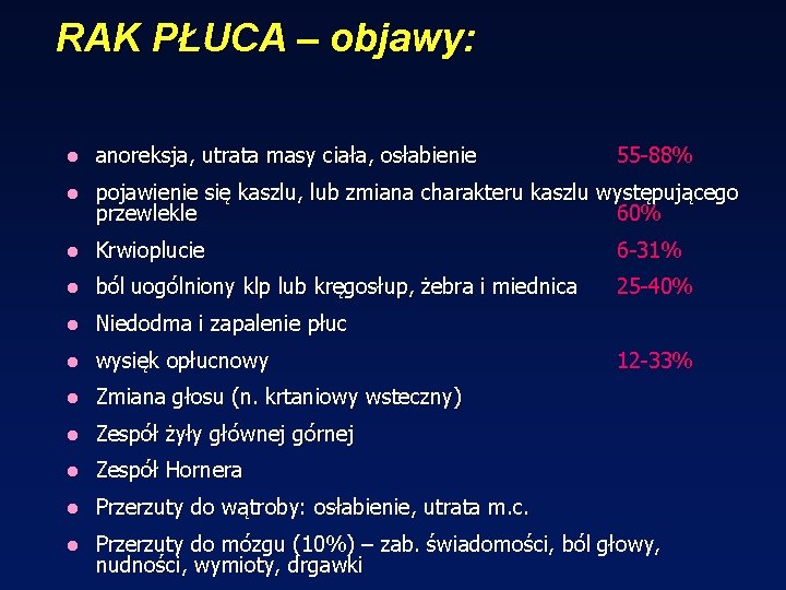 RAK PŁUCA – objawy: l anoreksja, utrata masy ciała, osłabienie 55 -88% l pojawienie