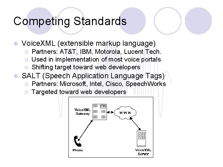 Competing Standards l Voice. XML (extensible markup language) ¡ ¡ ¡ l Partners: AT&T,