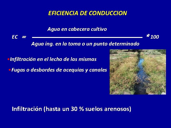 EFICIENCIA DE CONDUCCION Agua en cabecera cultivo EC = * 100 Agua ing. en