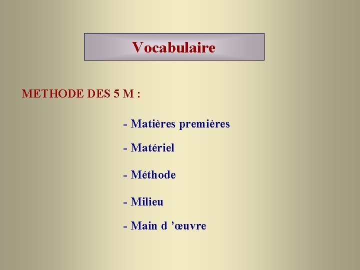 Vocabulaire METHODE DES 5 M : - Matières premières - Matériel - Méthode -