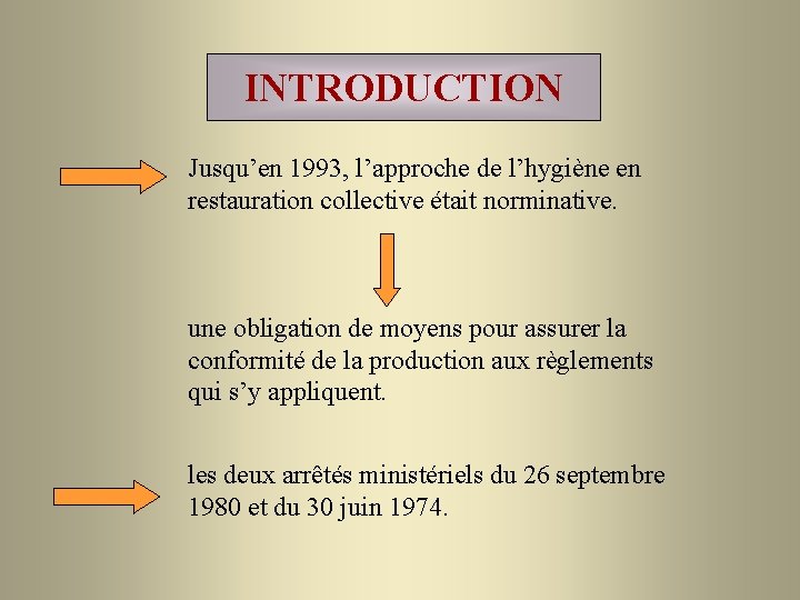 INTRODUCTION Jusqu’en 1993, l’approche de l’hygiène en restauration collective était norminative. une obligation de